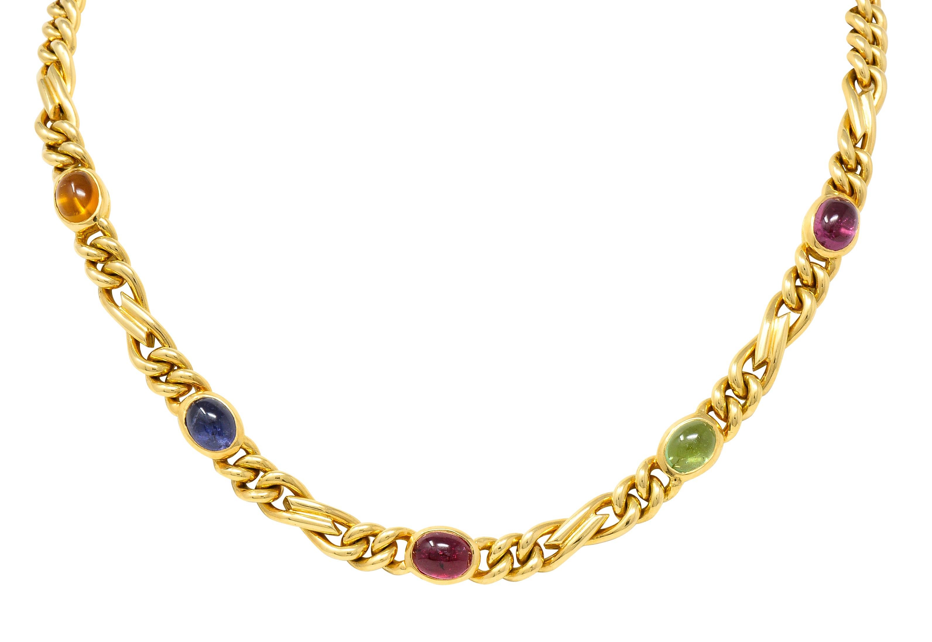 Bulgari Citrine Sapphire Tourmaline Cabochon 18 Karat Yellow Gold Chain Necklace In Excellent Condition In Philadelphia, PA