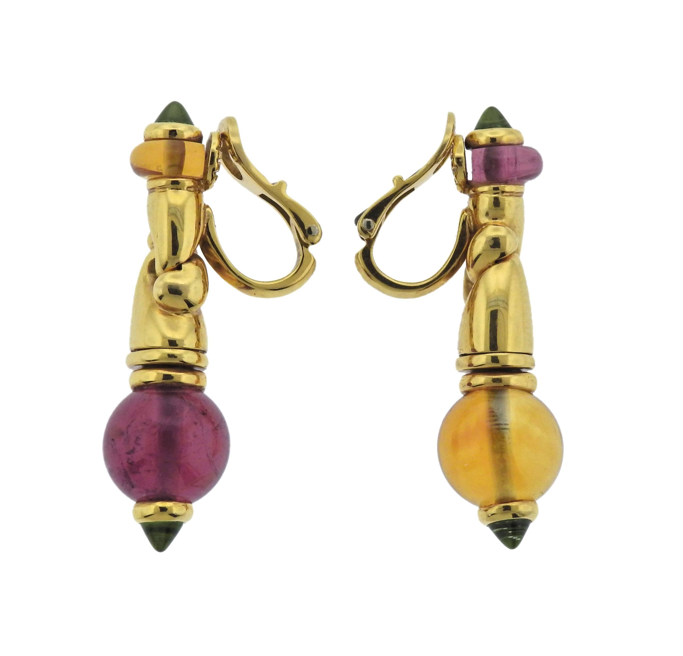  Pair of 18k gold earrings, crafted by Bulgari, set with citrine and tourmaline gemstones. Earrings 38mm long x 11mm, weigh 21.5 grams. Marked: 1989, 2337AL, 750, Bvlgari.