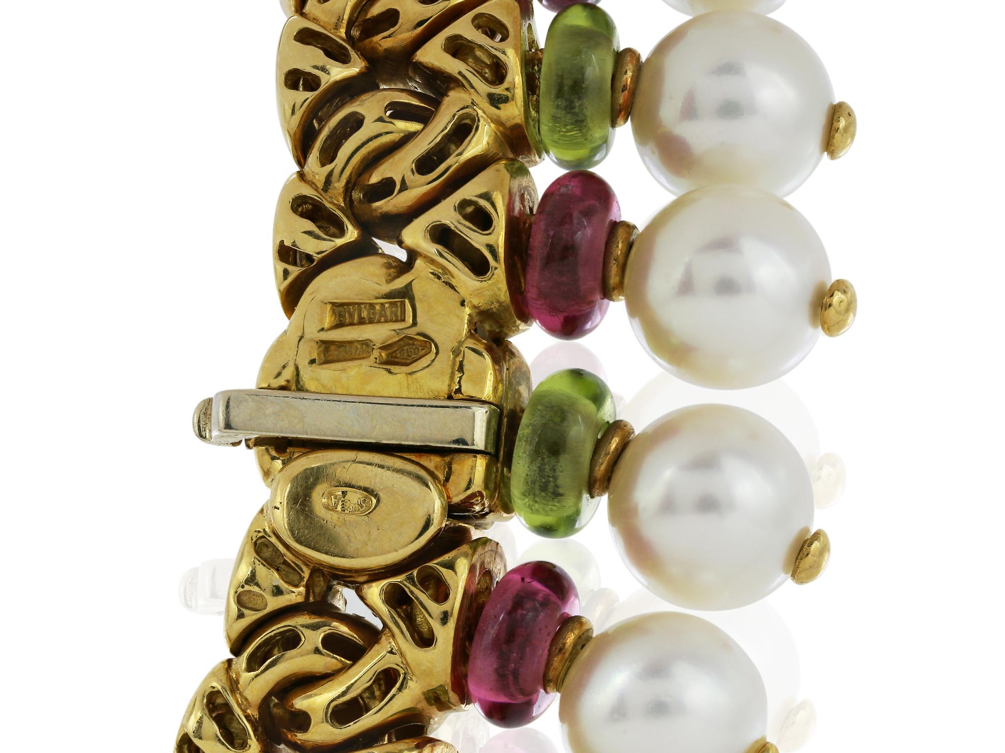 18 karat yellow gold, cultured pearl, diamond, peridot and pink tourmaline collar necklace, Bulgari.