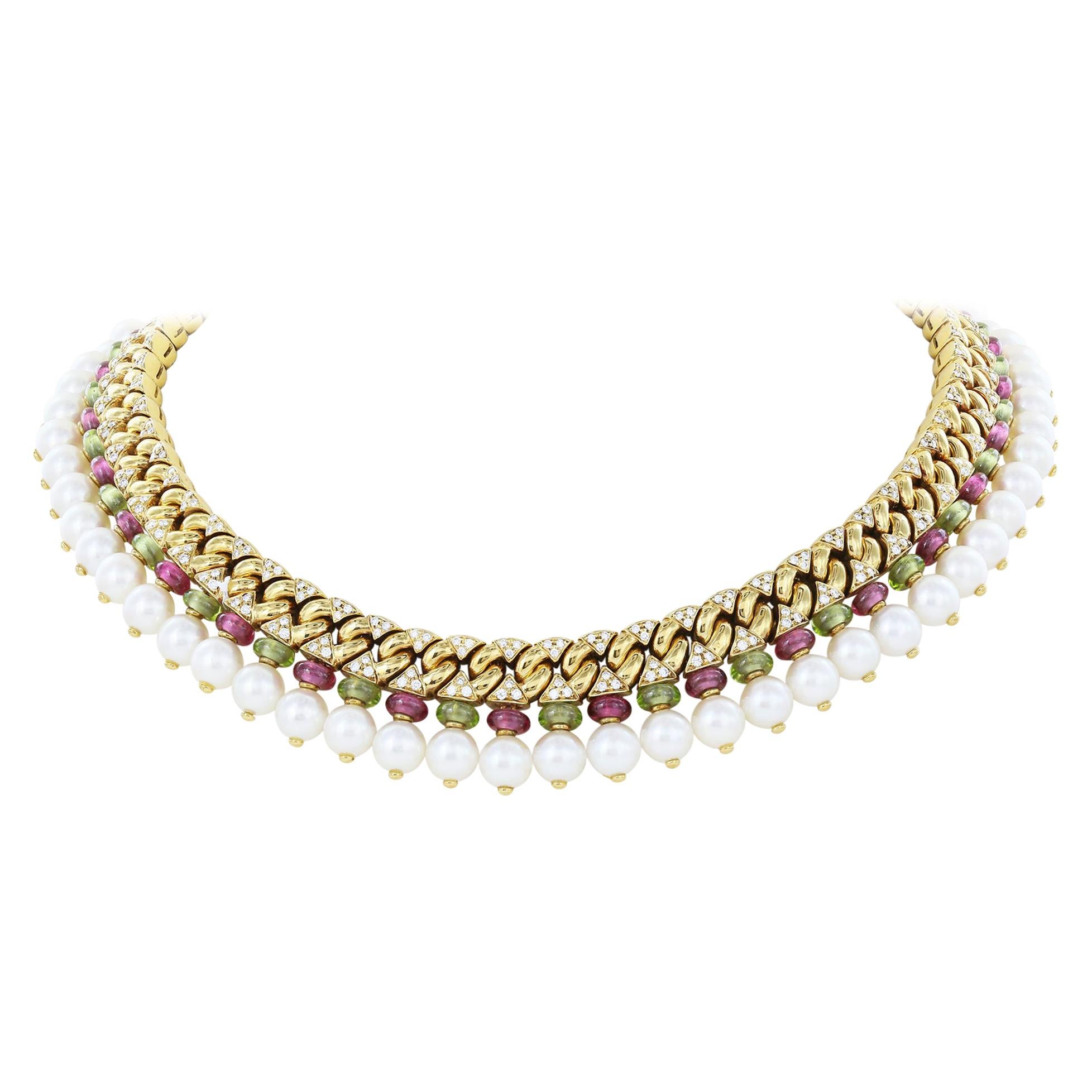 Bulgari Colar Necklace Tourmaline, Peridot, Diamonds and Pearls im Angebot