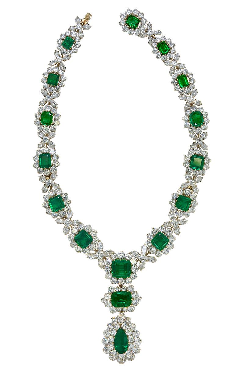 Bulgari Rome Elizabeth Taylor Style Colombian Certified Emerald Diamond NecklaceDetaches Into Two Bracelets and Detachable Pendant

An  18k yellow gold necklace was set with sixteen Colombian emeralds, all AGL certificates, and diamonds signed by
