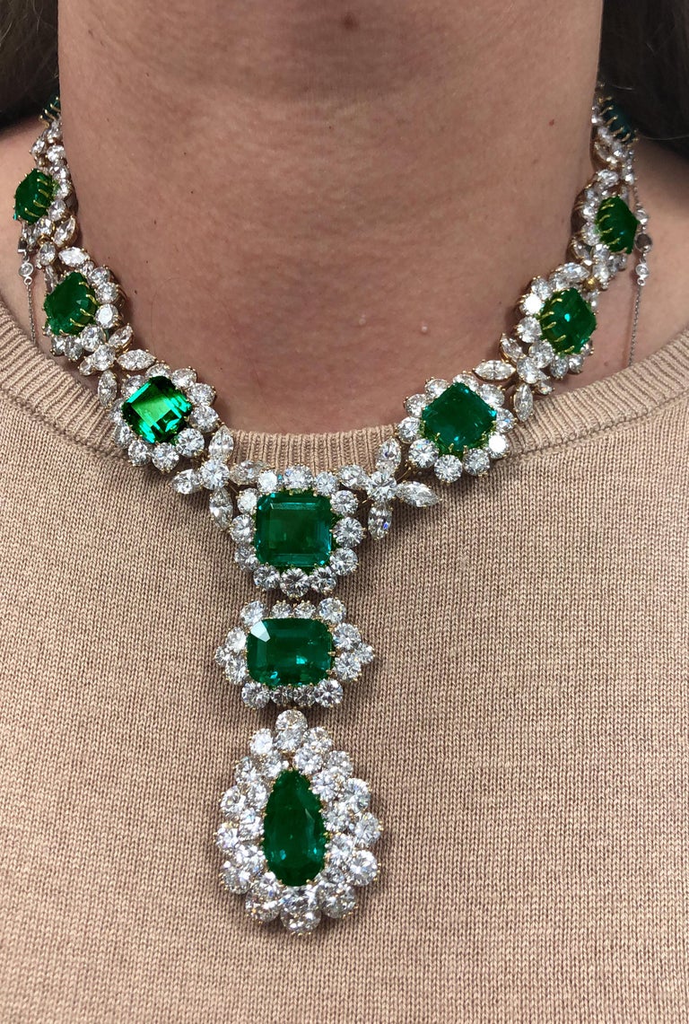 Emerald Cut Bulgari Rome Elizabeth Taylor Style Colombian Emerald Diamond Necklace Set For Sale