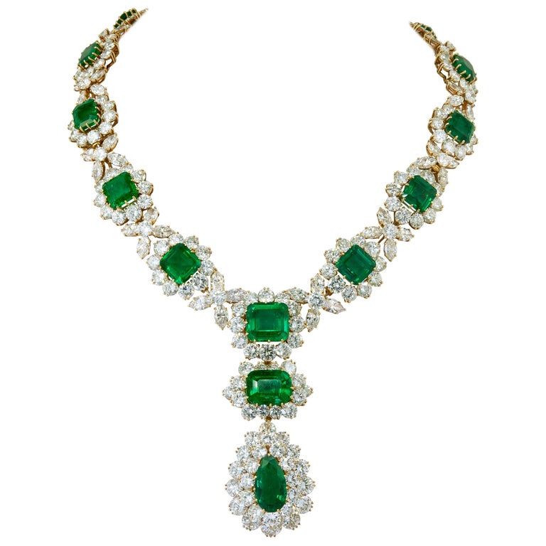 Bulgari Rome Elizabeth Taylor Style Colombian Emerald Diamond Necklace Set For Sale