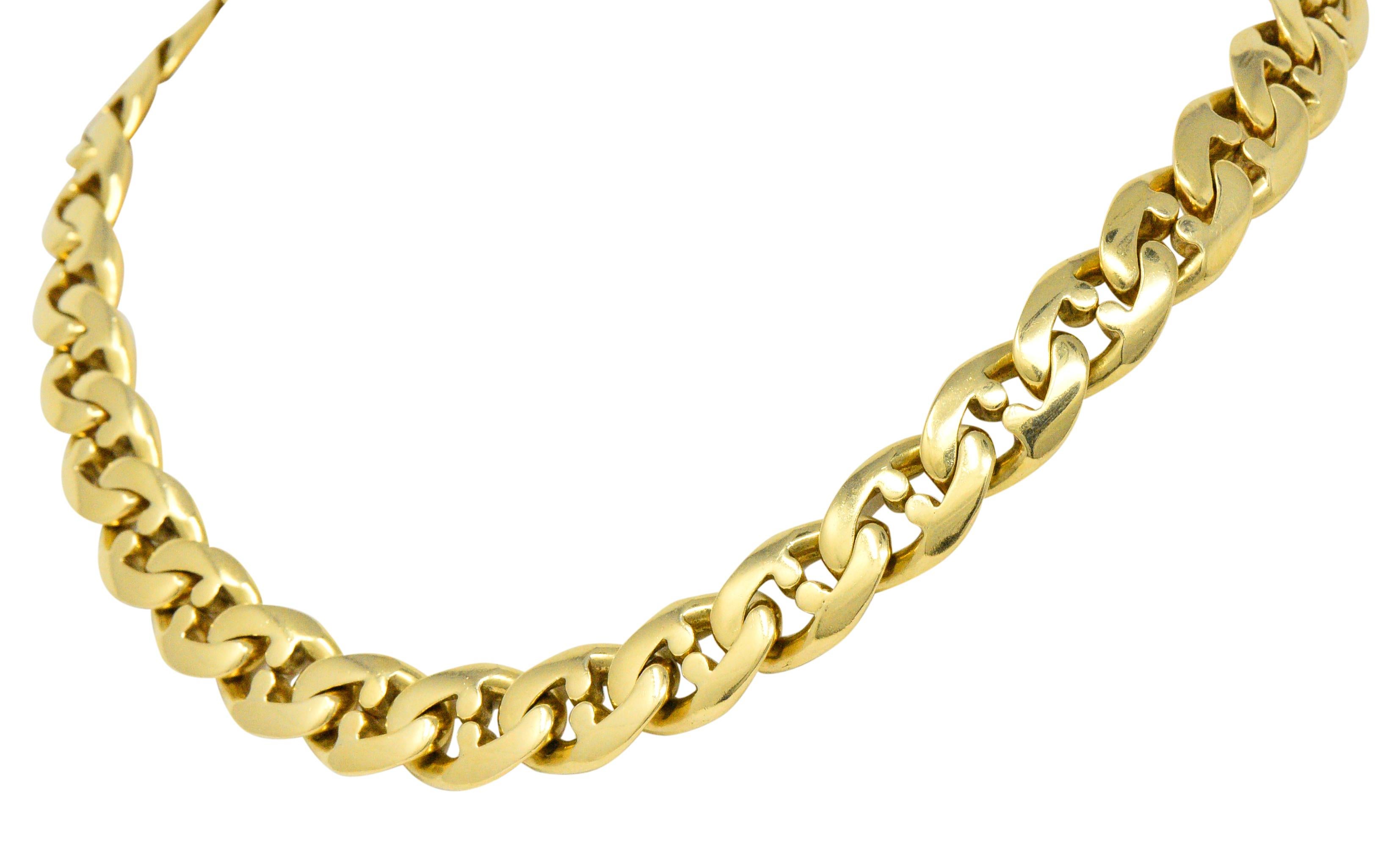 Chain style necklace comprised of stylized anchor links

With a high polished finish

Completed by a concealed clasp with figure-eight safety

Fully signed Bulgari Italy

Italian assay marks for 18 karat gold

Length: 15 inches

Width: 1/2