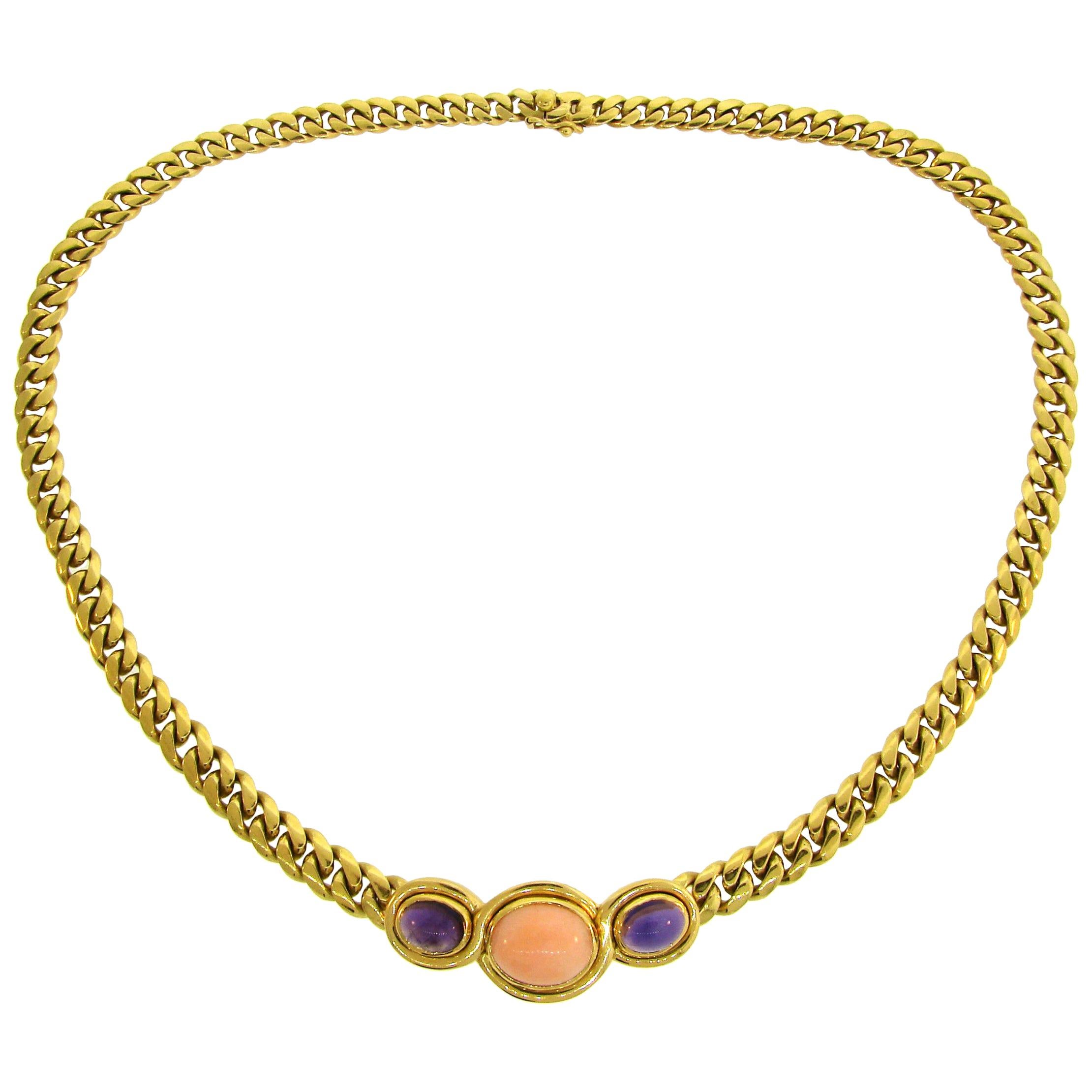 Bulgari Coral Amethyst Yellow Gold Link Chain Necklace Bvlgari, 1980s