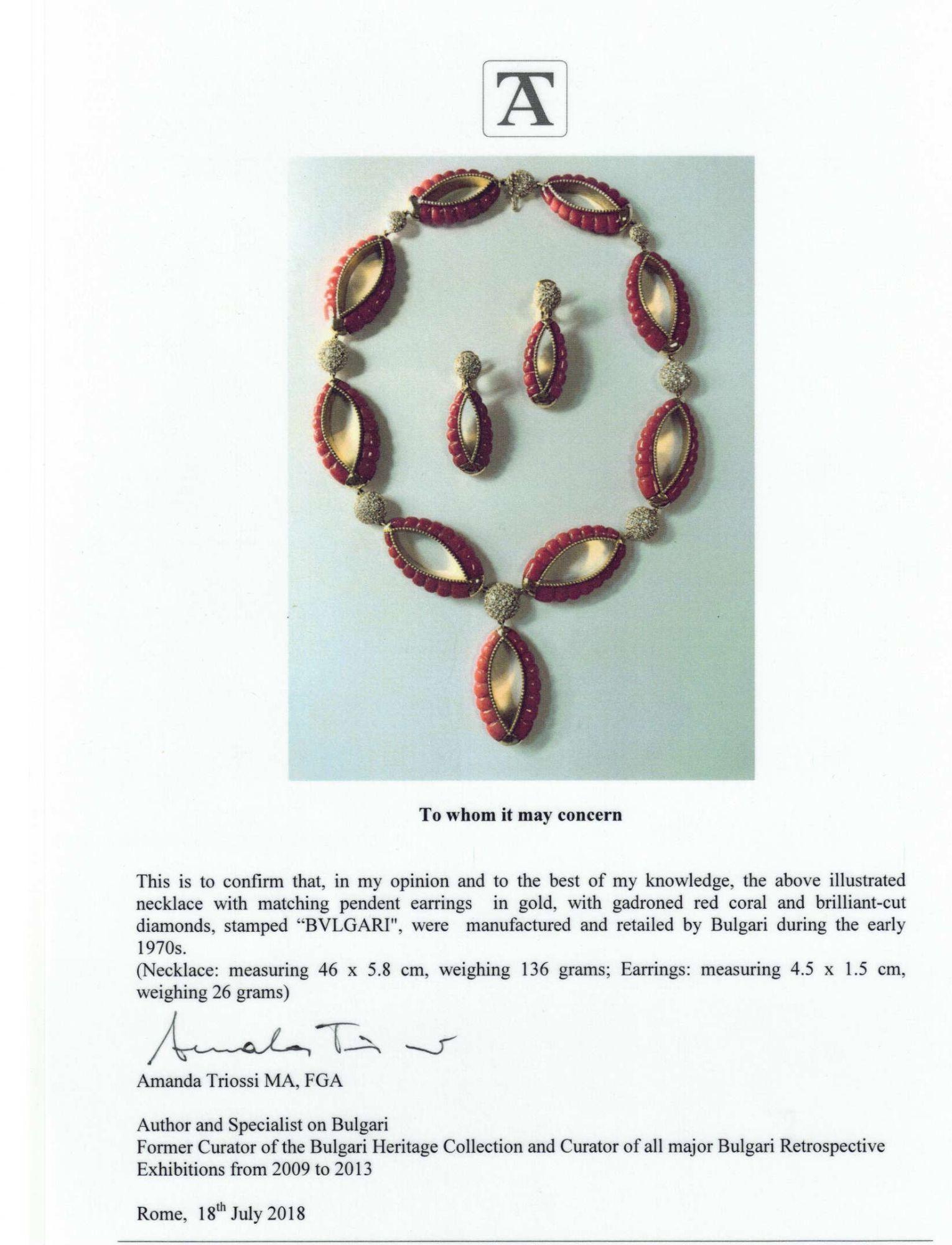 Bulgari collana e orecchini in corallo e diamanti in vendita 3