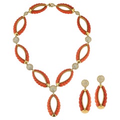 Bulgari Coral and Diamond Necklace and Earring Set