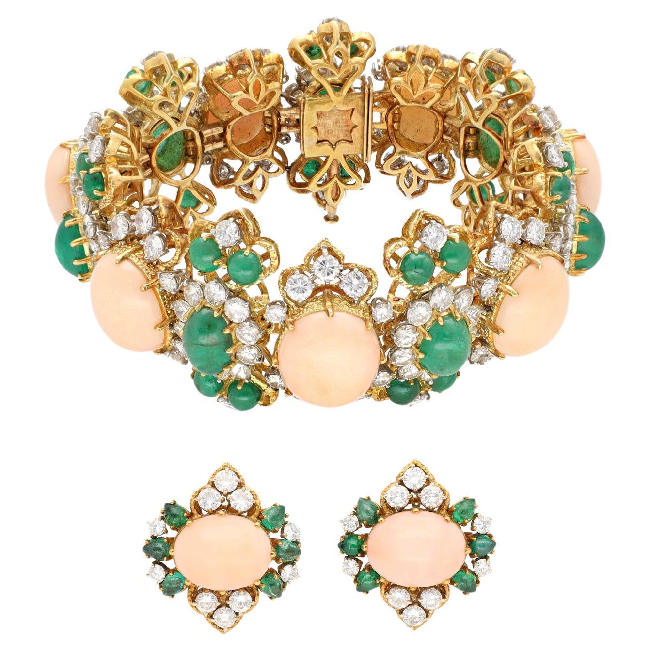 Bulgari Coral and Emerald Diamond Bracelet and Earrings For Sale