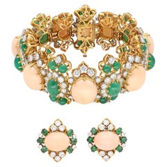 Retro Bulgari Coral and Emerald Diamond Bracelet and Earrings