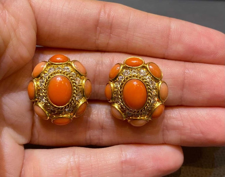 Bulgari Coral & Diamond Earrings  In Excellent Condition For Sale In New York, NY