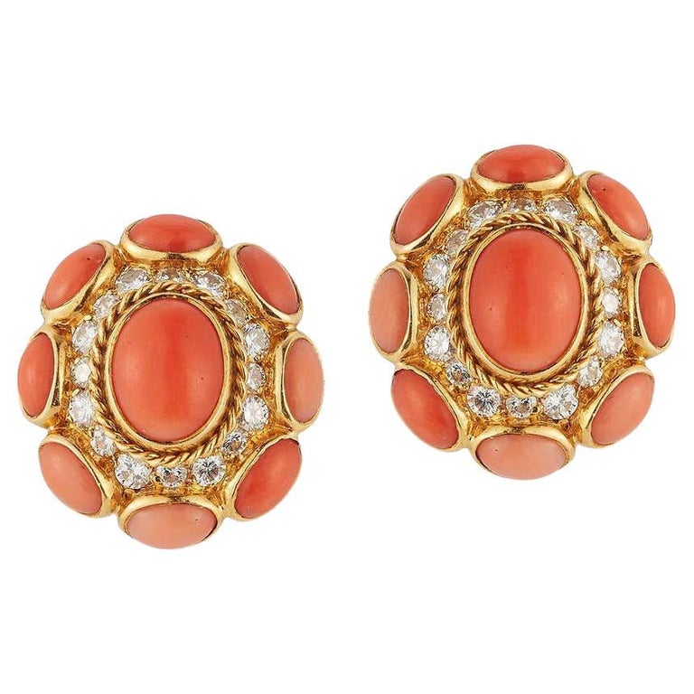 Bulgari Coral & Diamond Earrings  For Sale
