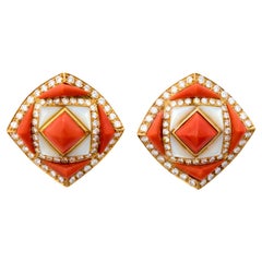 Bulgari Coral, White Mother-of Pearl and Diamond Ear Clips Circa 1980