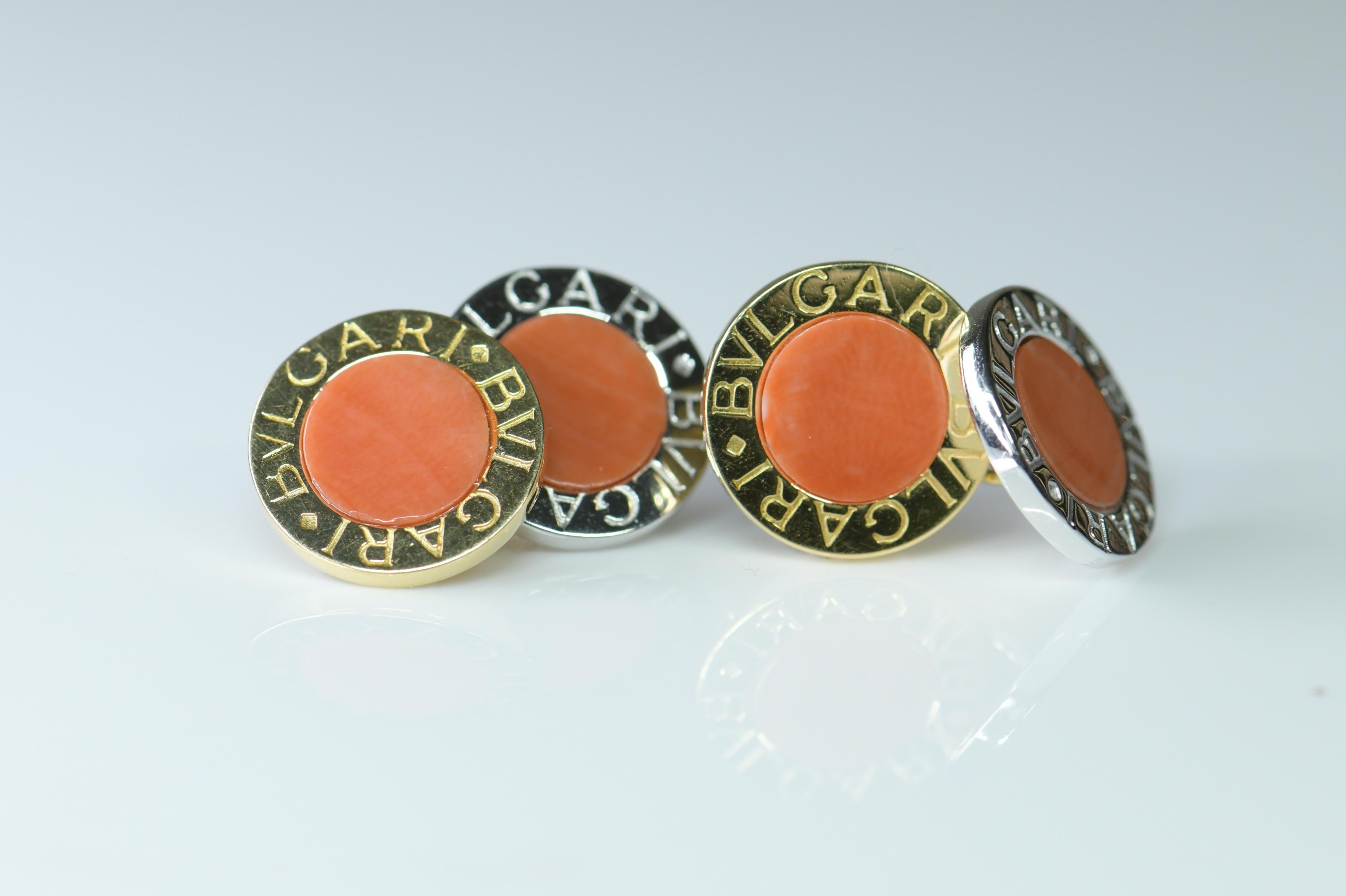 Bulgari Coral, Yellow and White Gold Cufflinks In Excellent Condition In Banbury, GB