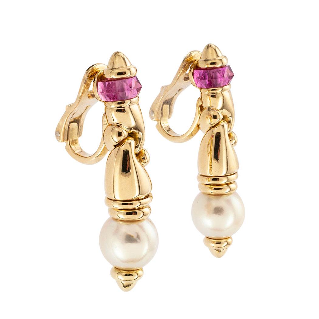 Bulgari cultured pearl pink tourmaline and yellow gold drop earrings circa 1990.  Clear and concise information you want to know is listed below.  Contact us right away if you have additional questions.  We are here to connect you with beautiful and