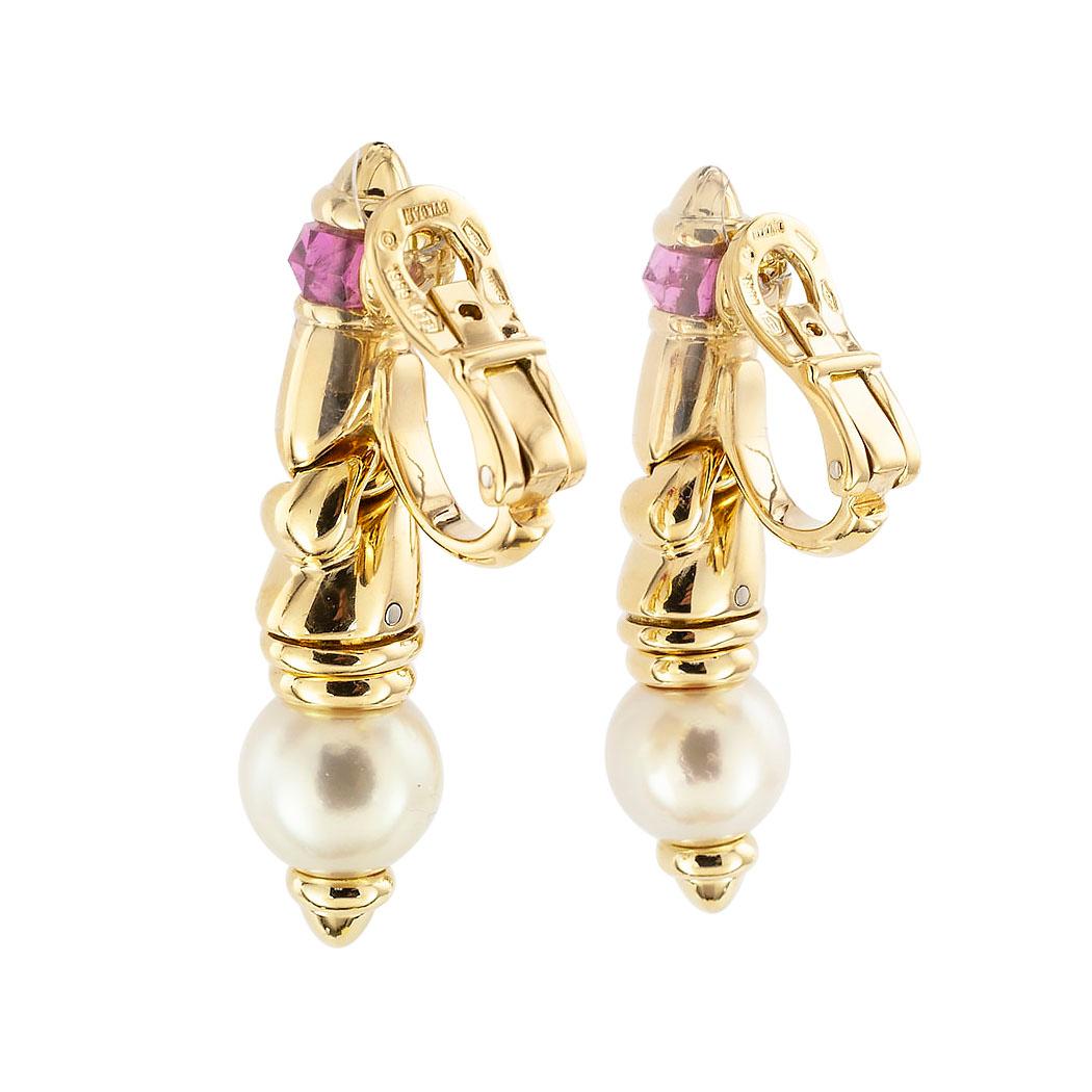 Contemporary Bulgari Cultured Pearl Pink Tourmaline Yellow Gold Drop Earrings