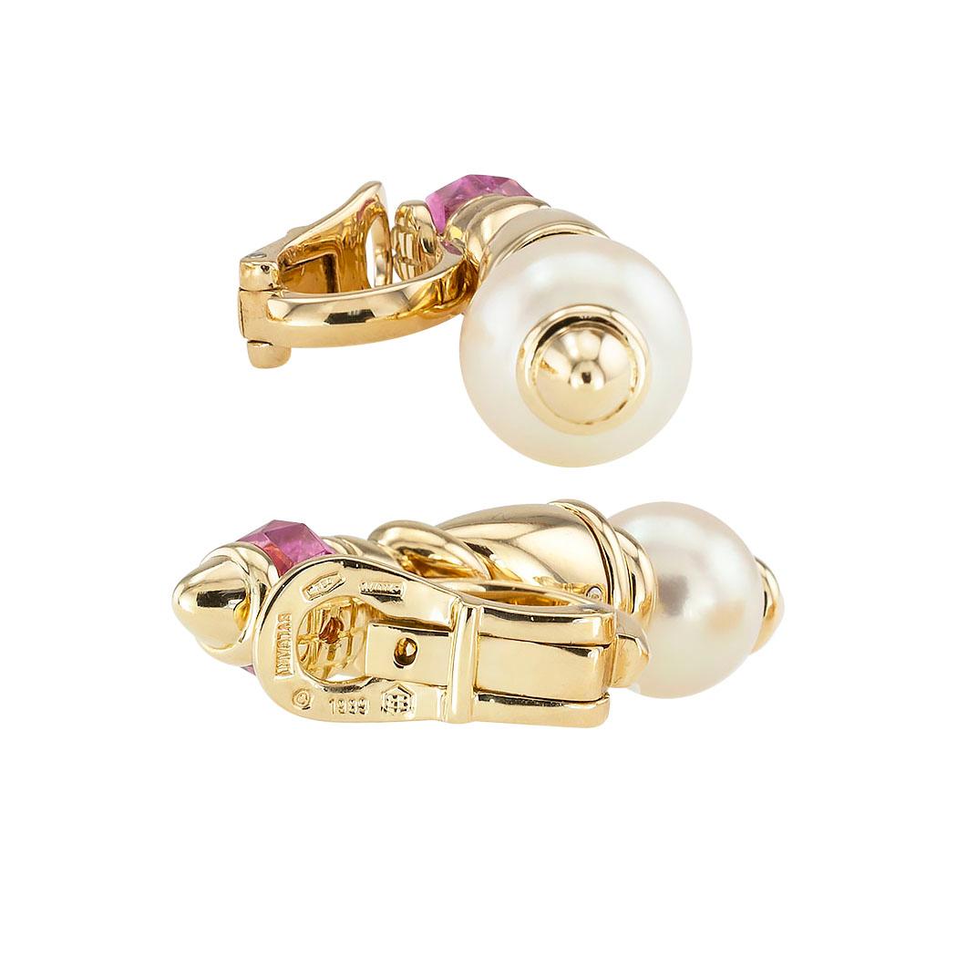 Bulgari Cultured Pearl Pink Tourmaline Yellow Gold Drop Earrings In Good Condition In Los Angeles, CA