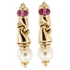 Bulgari Cultured Pearl Pink Tourmaline Yellow Gold Drop Earrings