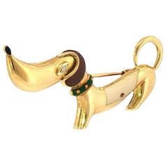 Bulgari Dachshund Brooch Pin 18K Yellow Gold Enamel & Diamond 1980s