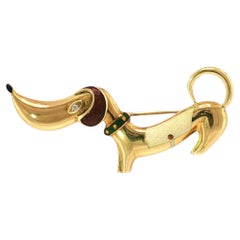 Bulgari Dachshund Brooch Pin 18K Yellow Gold Enamel & Diamond 1980s