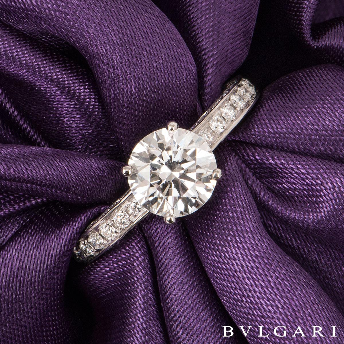 A stunning diamond Bvlgari ring in Platinum from the Dedicata a Venezia collection. The ring comprises of a round brilliant cut diamond in a four claw setting with a weight of 1.50ct, D colour and VS2 clarity. The ring features 54 round brilliant