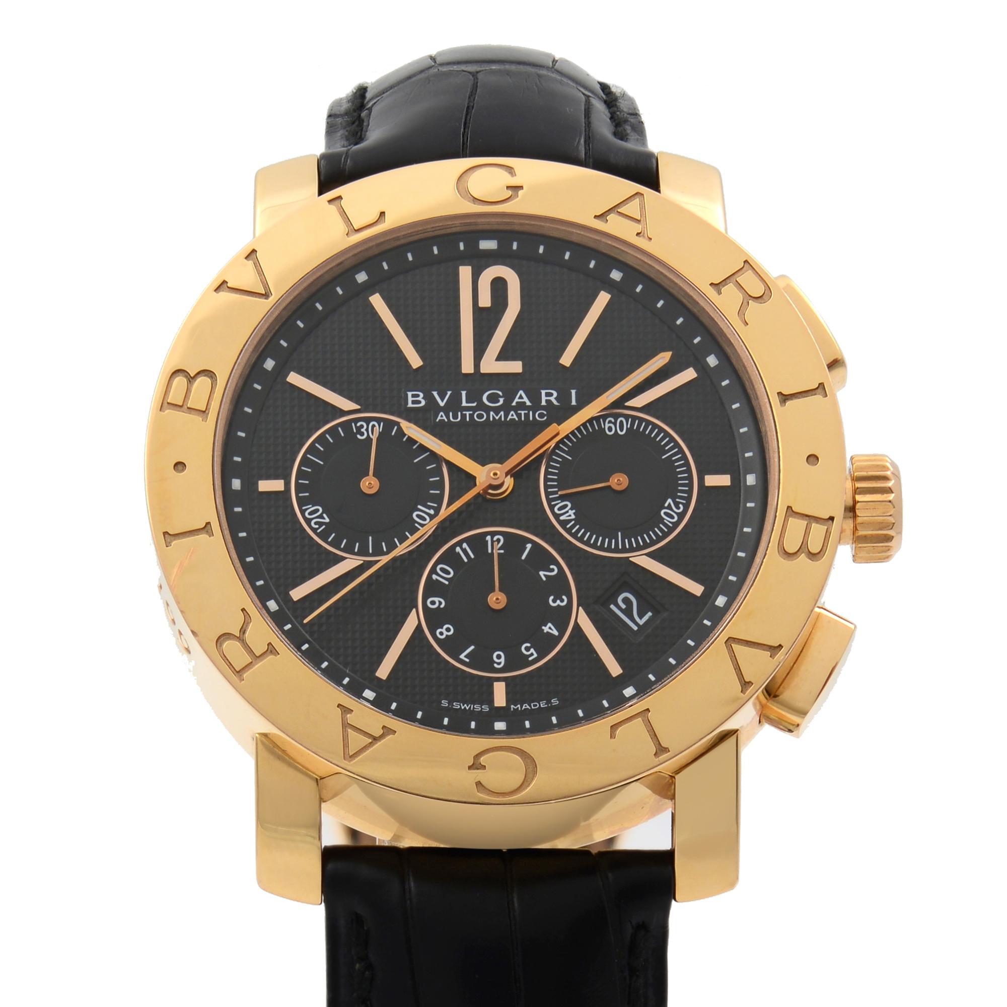 This pre-owned Bvlgari Limited Edition  BB P 42 GL CH is a beautiful men's timepiece that is powered by mechanical (automatic) movement which is cased in a rose gold case. It has a round shape face, chronograph, date indicator, small seconds subdial