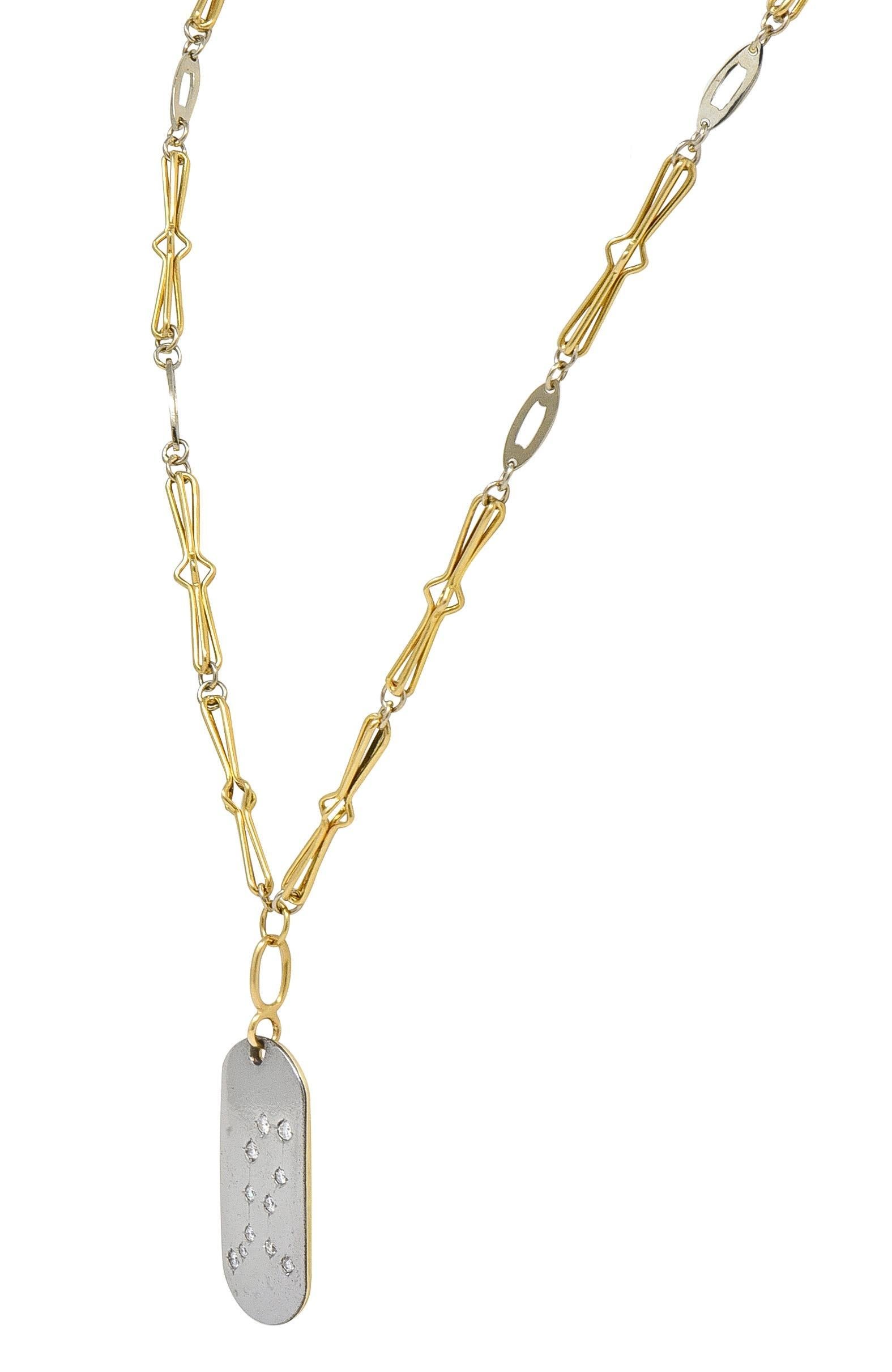 Bulgari Diamant 18 Karat Gold Vintage Zodiac Zwillinge Dog Tag Anhänger Halskette (Brillantschliff) im Angebot