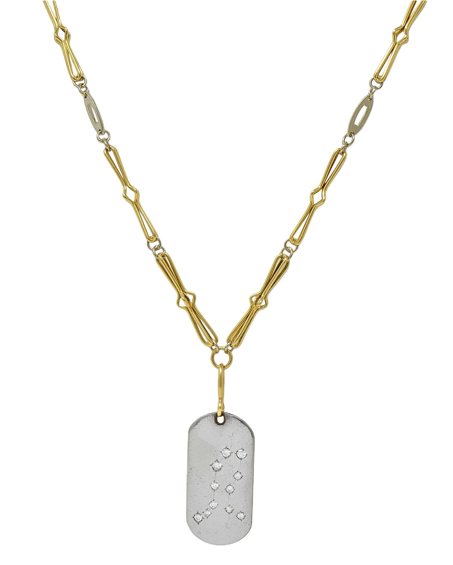 Bulgari Diamant 18 Karat Gold Vintage Zodiac Zwillinge Dog Tag Anhänger Halskette im Angebot