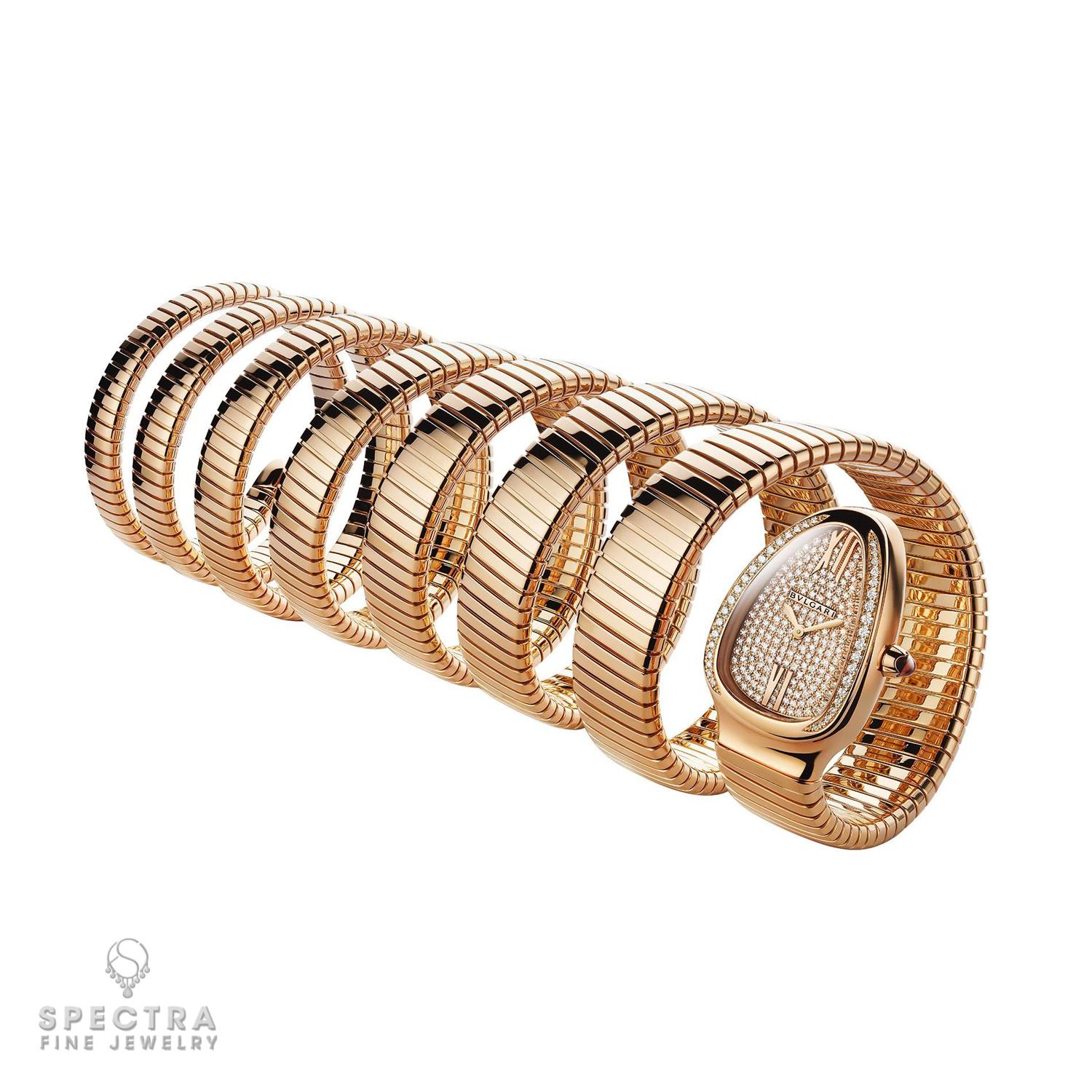 Contemporary Bulgari Diamond 18 Karat Rose Gold 7-Coil Serpenti Watch For Sale
