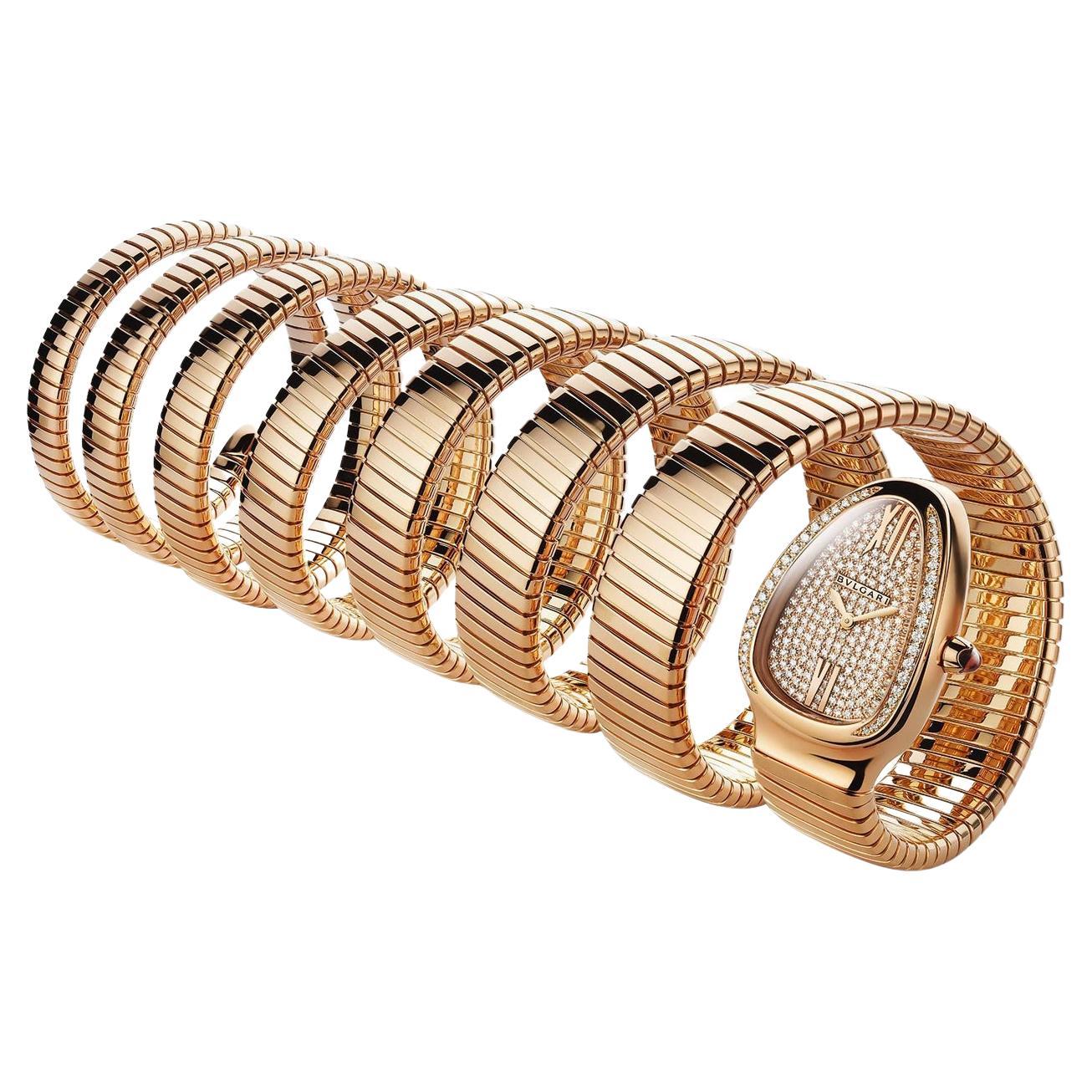 Bulgari Diamond 18 Karat Rose Gold 7-Coil Serpenti Watch For Sale