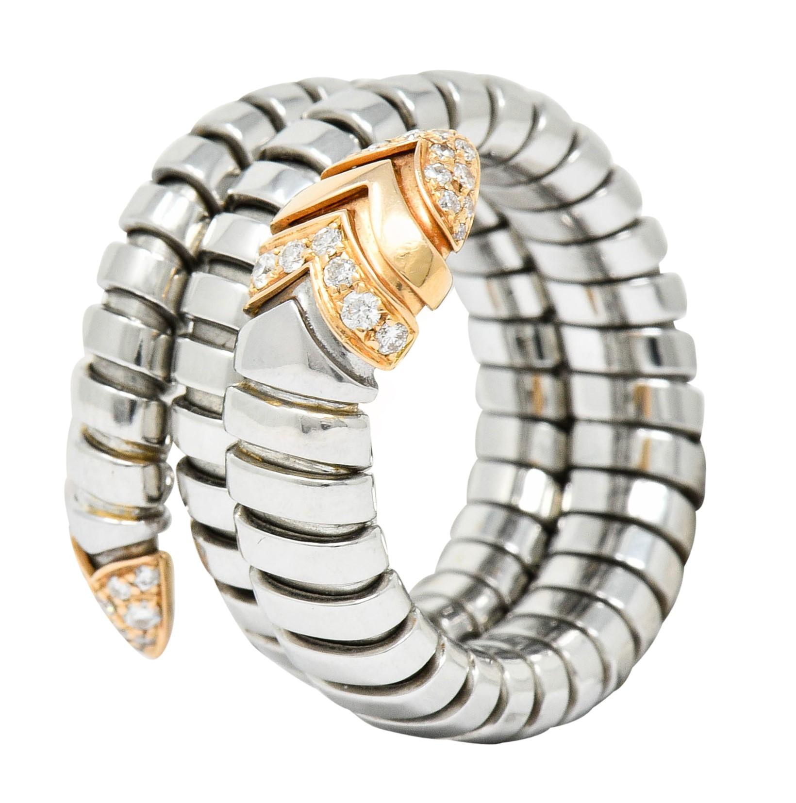 Women's or Men's Bulgari Diamond 18 Karat Rose Gold Steel Tubogas Serpenti Ring