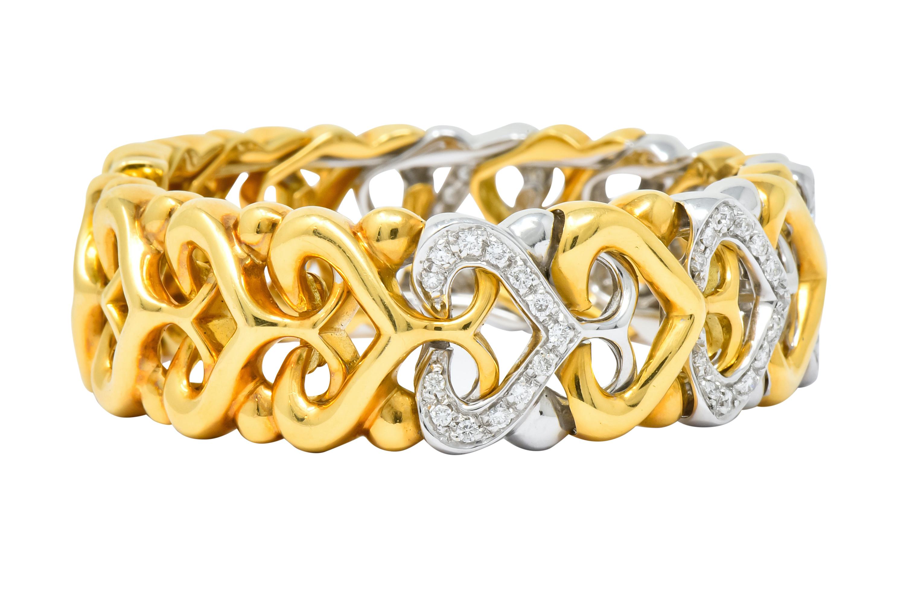 Contemporary Bulgari Diamond 18 Karat Two-Tone Yellow White Gold Heart Cuff Bracelet