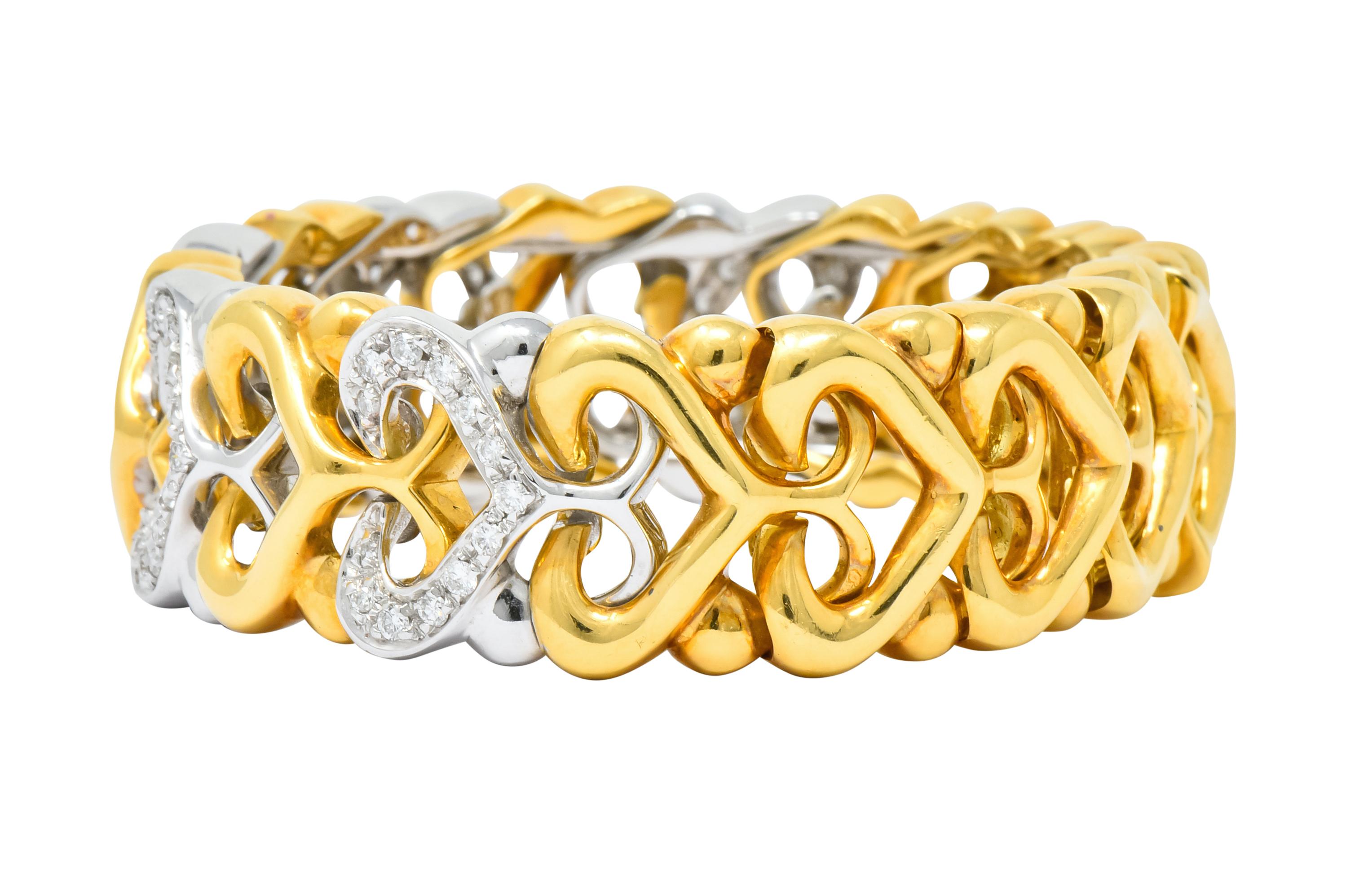 Bulgari Diamond 18 Karat Two-Tone Yellow White Gold Heart Cuff Bracelet In Excellent Condition In Philadelphia, PA