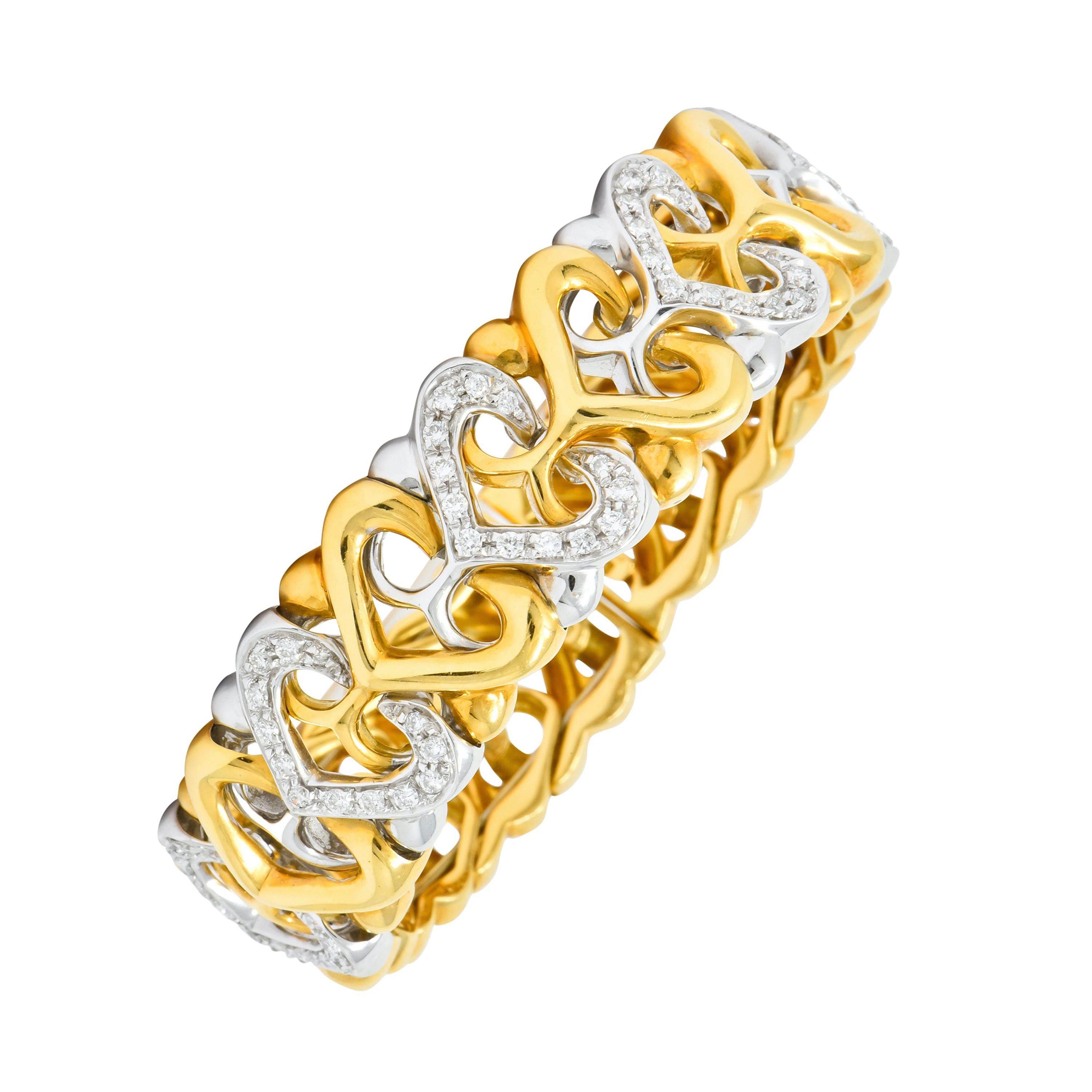 Bulgari Diamond 18 Karat Two-Tone Yellow White Gold Heart Cuff Bracelet