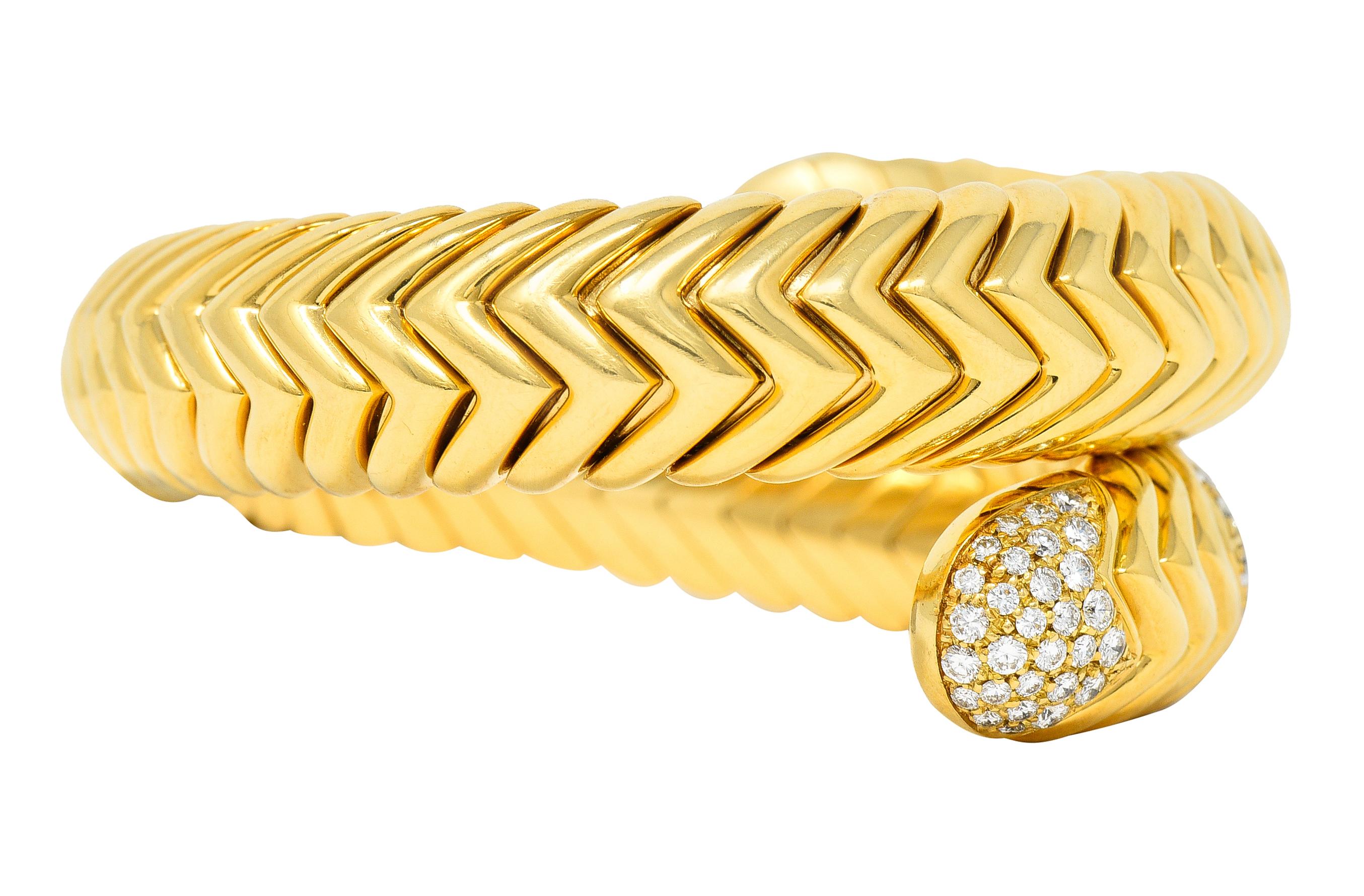 Brilliant Cut Bulgari Diamond 18 Karat Yellow Gold Spiga Cuff Bracelet