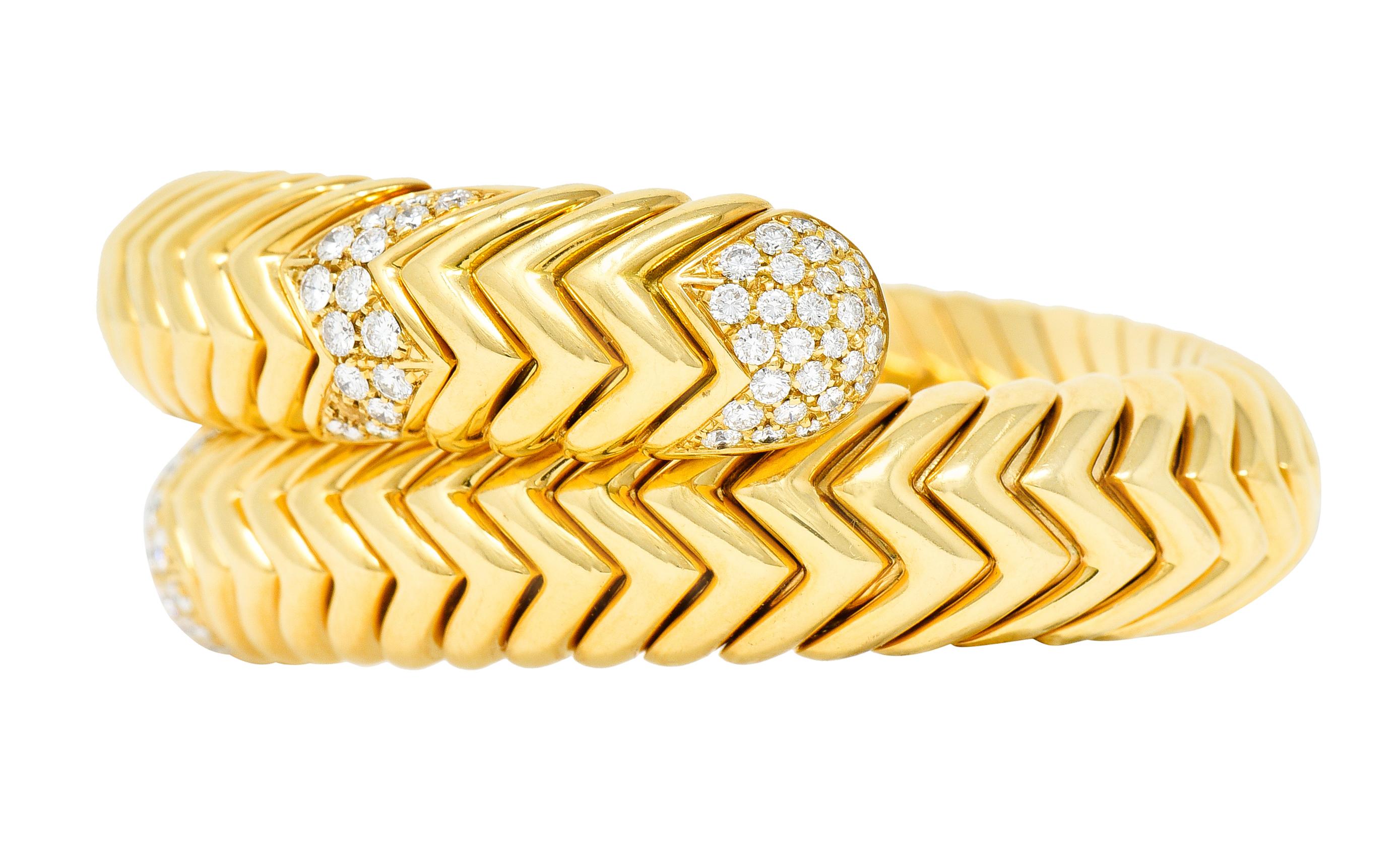 Women's or Men's Bulgari Diamond 18 Karat Yellow Gold Spiga Cuff Bracelet
