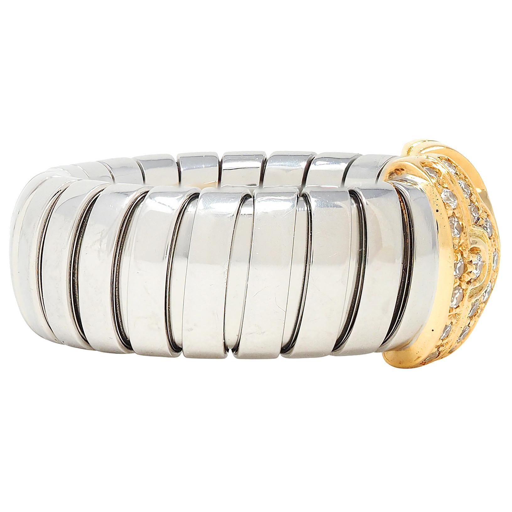 Taille brillant Bague Bulgari Diamant Or Jaune 18 Karat Acier Vintage Parentesi Tubogas Omega en vente