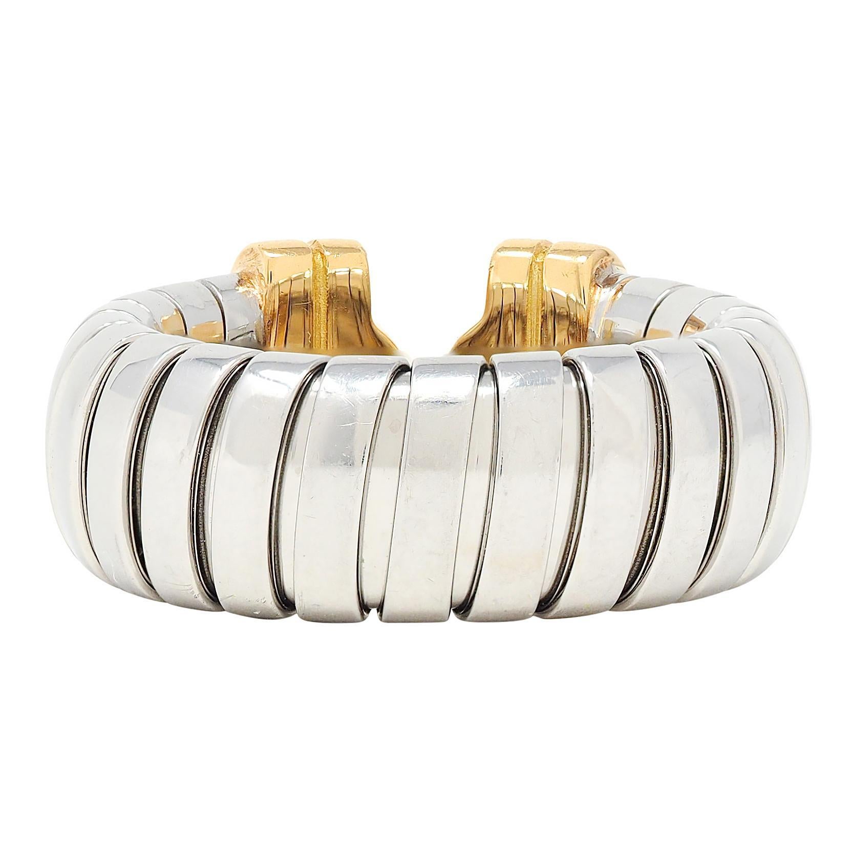 Bague Bulgari Diamant Or Jaune 18 Karat Acier Vintage Parentesi Tubogas Omega Excellent état - En vente à Philadelphia, PA
