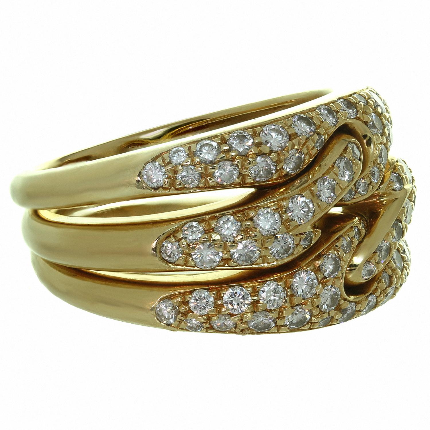 Brilliant Cut Bulgari Diamond 3-Row Flexible Yellow Gold Ring