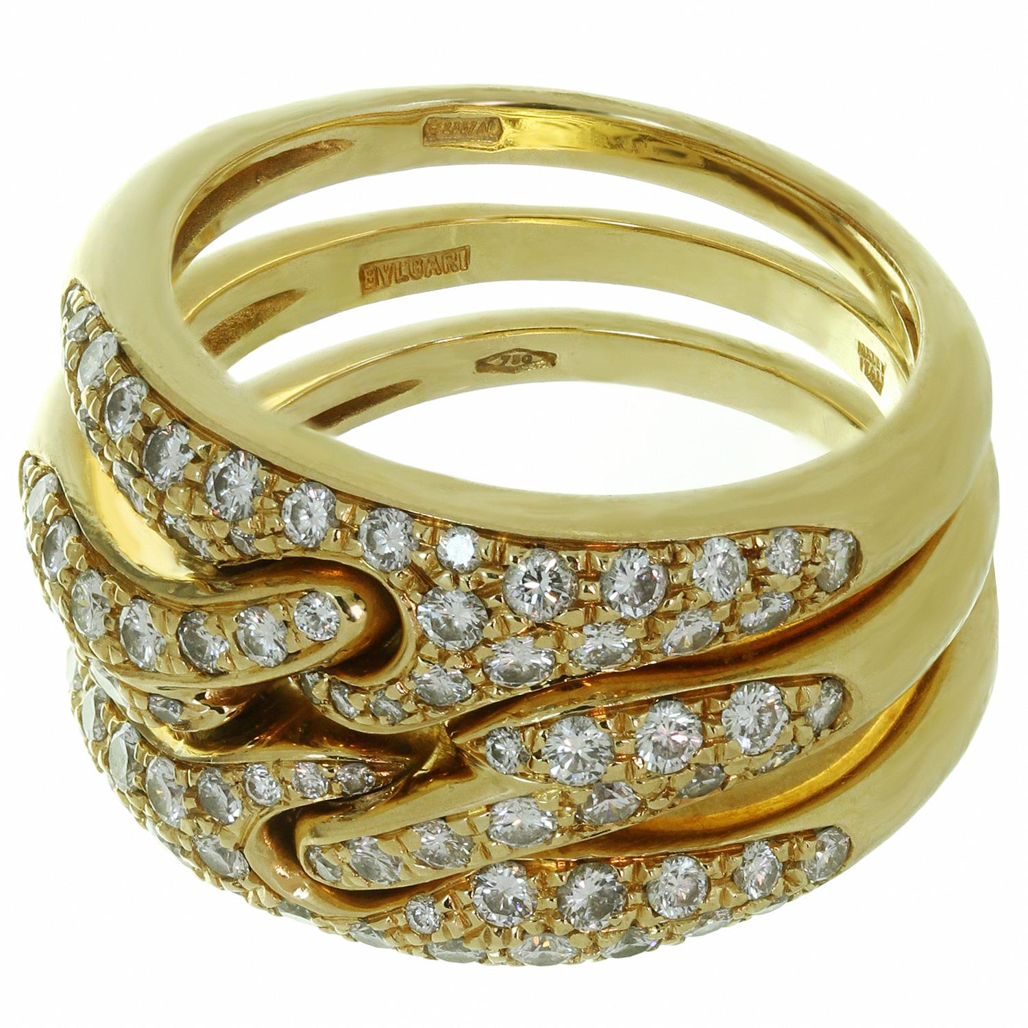 Bulgari Diamond 3-Row Flexible Yellow Gold Ring In Excellent Condition In New York, NY