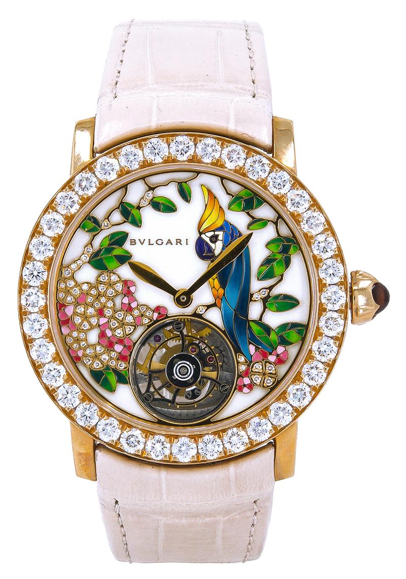 Taille ronde Montre-bracelet Bulgari pour femme à motif tourbillon en or rose, diamants et améthystes en vente