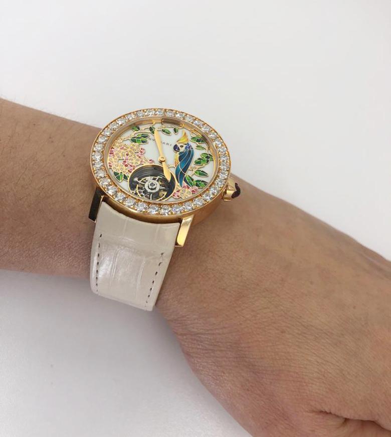Bulgari Ladies Diamond Amethyst Pink Gold Tourbillon Design Wristwatch In Good Condition For Sale In New York, NY