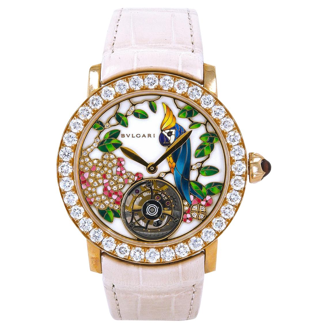 Bulgari Ladies Diamond Amethyst Pink Gold Tourbillon Design Wristwatch