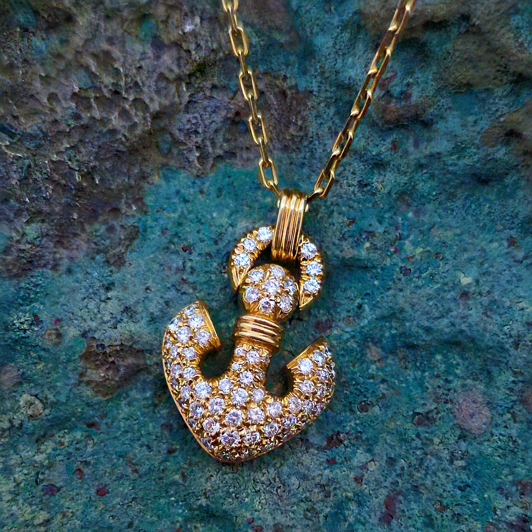 Round Cut Bulgari Diamond and 18 Karat Yellow Gold Anchor Pendant Necklace