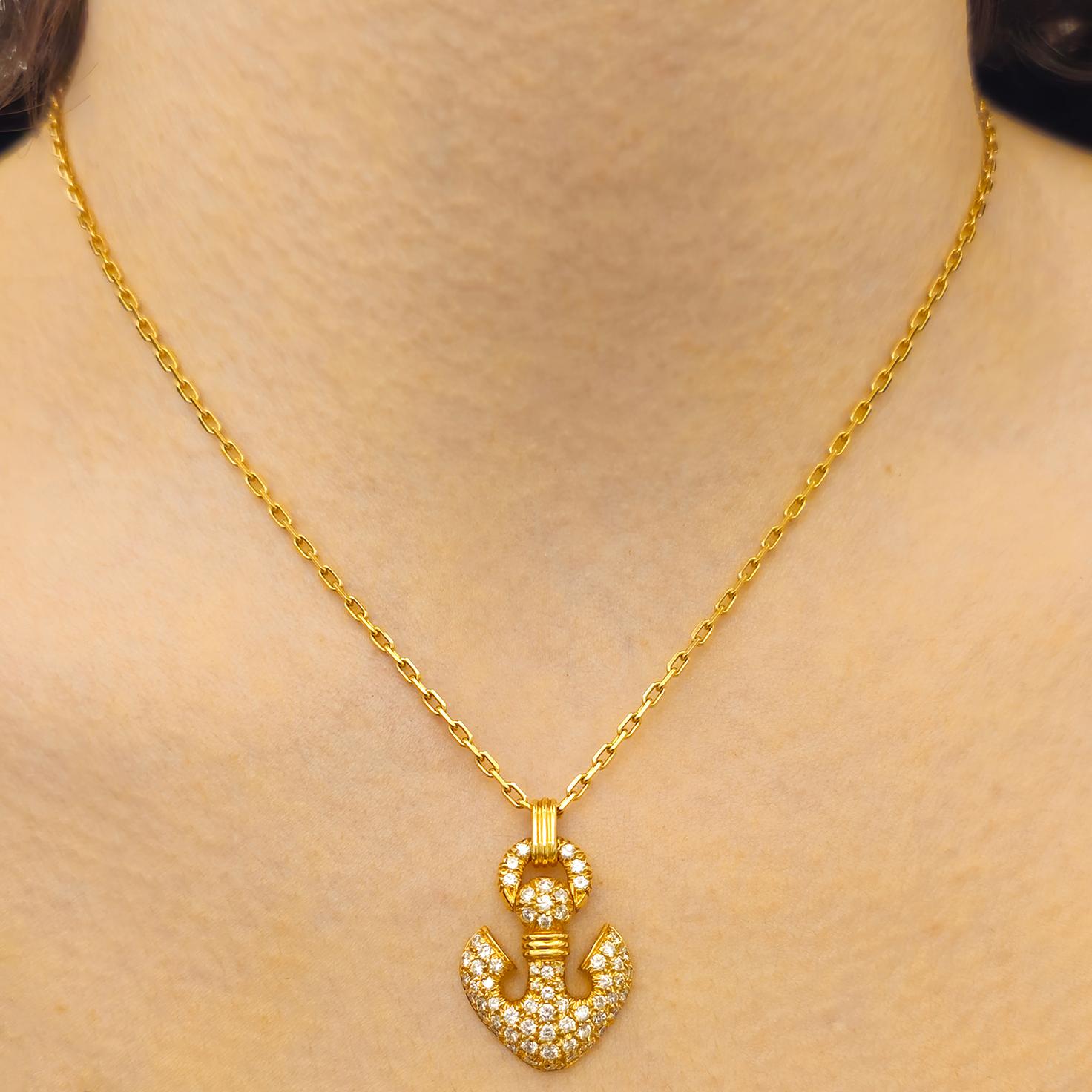 Bulgari Diamond and 18 Karat Yellow Gold Anchor Pendant Necklace In Excellent Condition For Sale In New York, NY