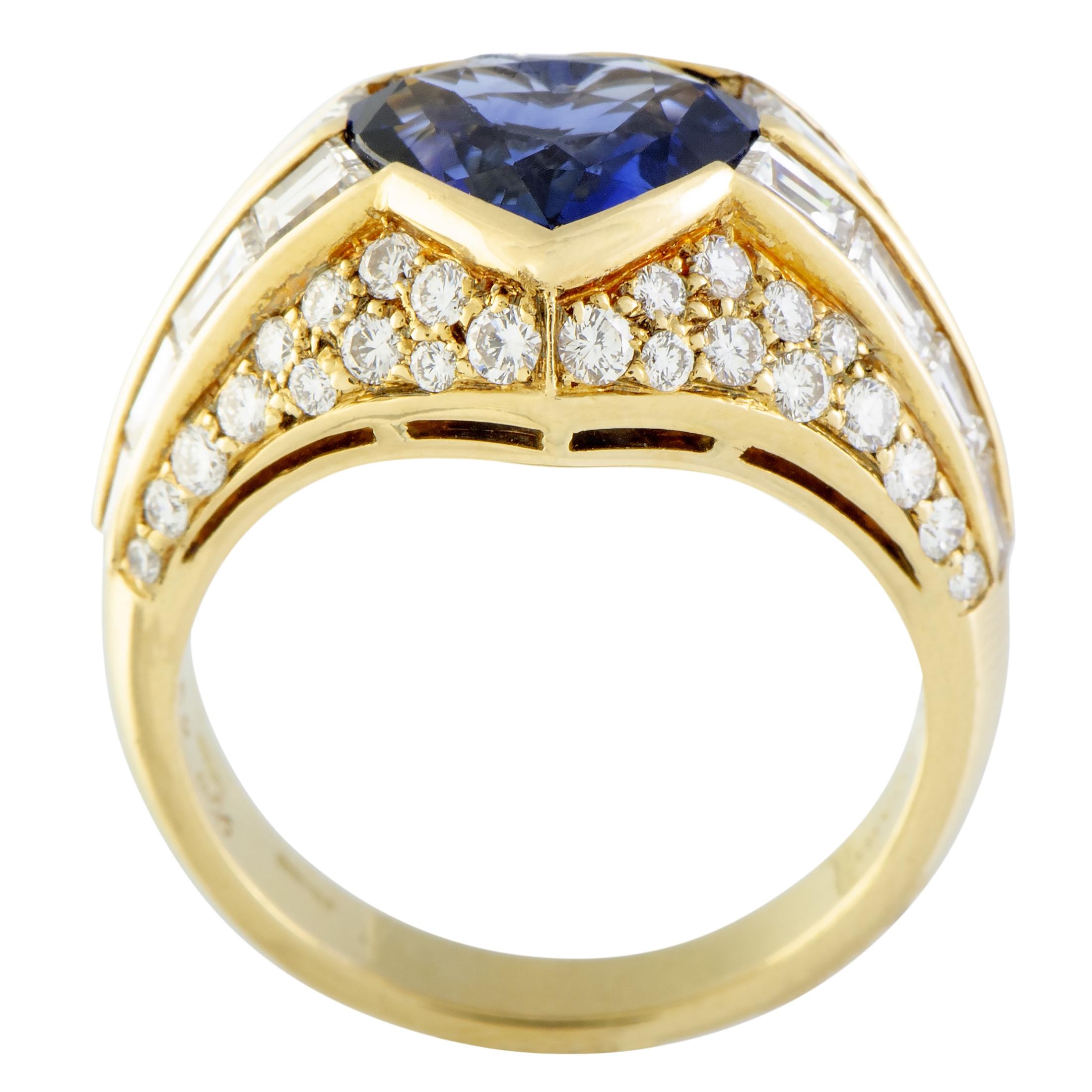 Bulgari Diamond and Heart Cut Sapphire Yellow Gold Band Ring In Excellent Condition In Southampton, PA