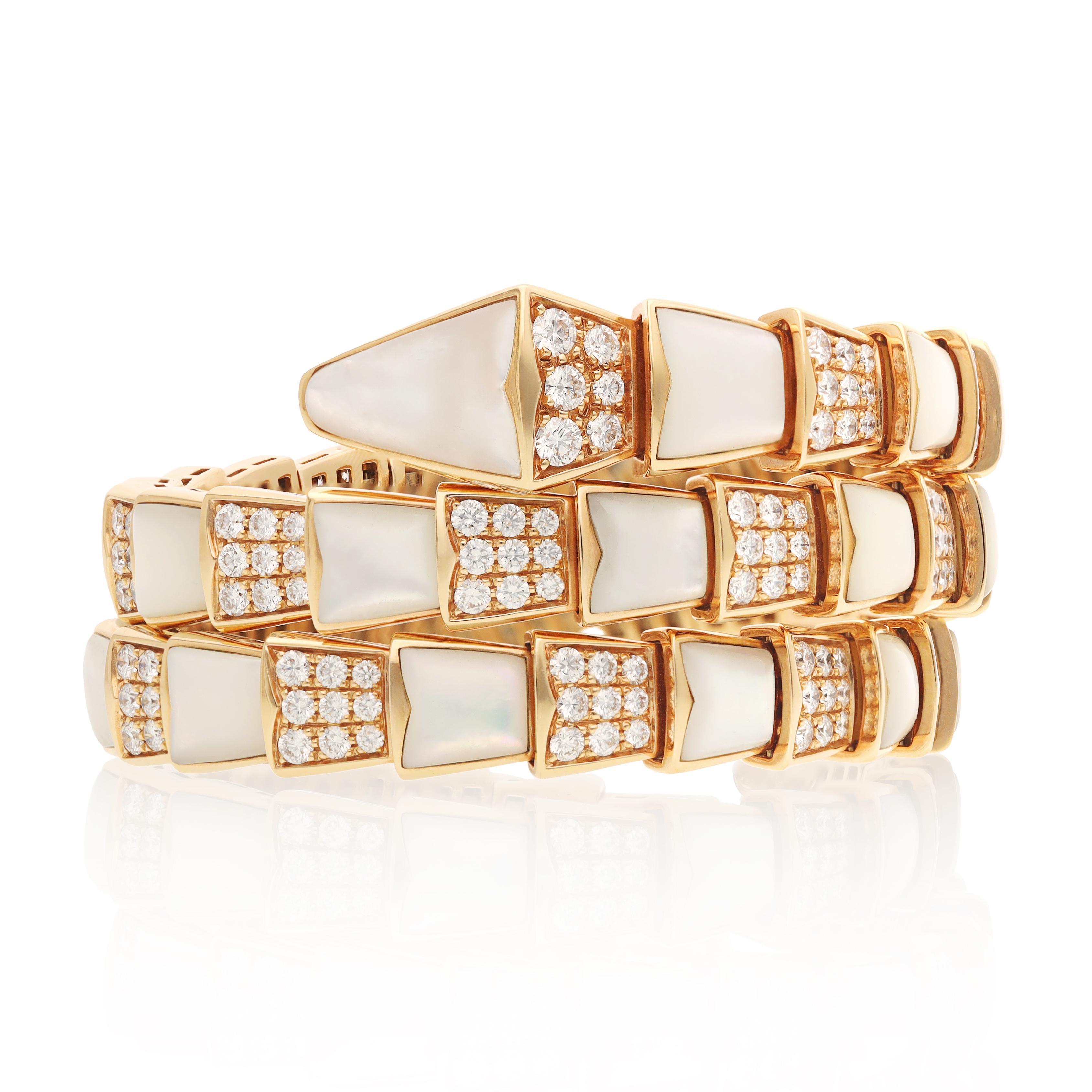 Round Cut BULGARI Diamond and Mother of Pearl Serpenti Viper Bracelet For Sale