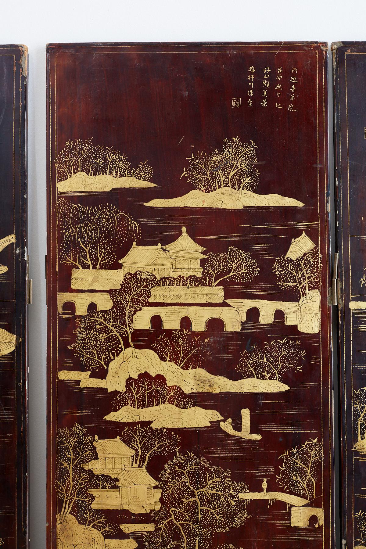 19th Century Chinese Qing Four-Panel Lacquer Gilt Screen 4