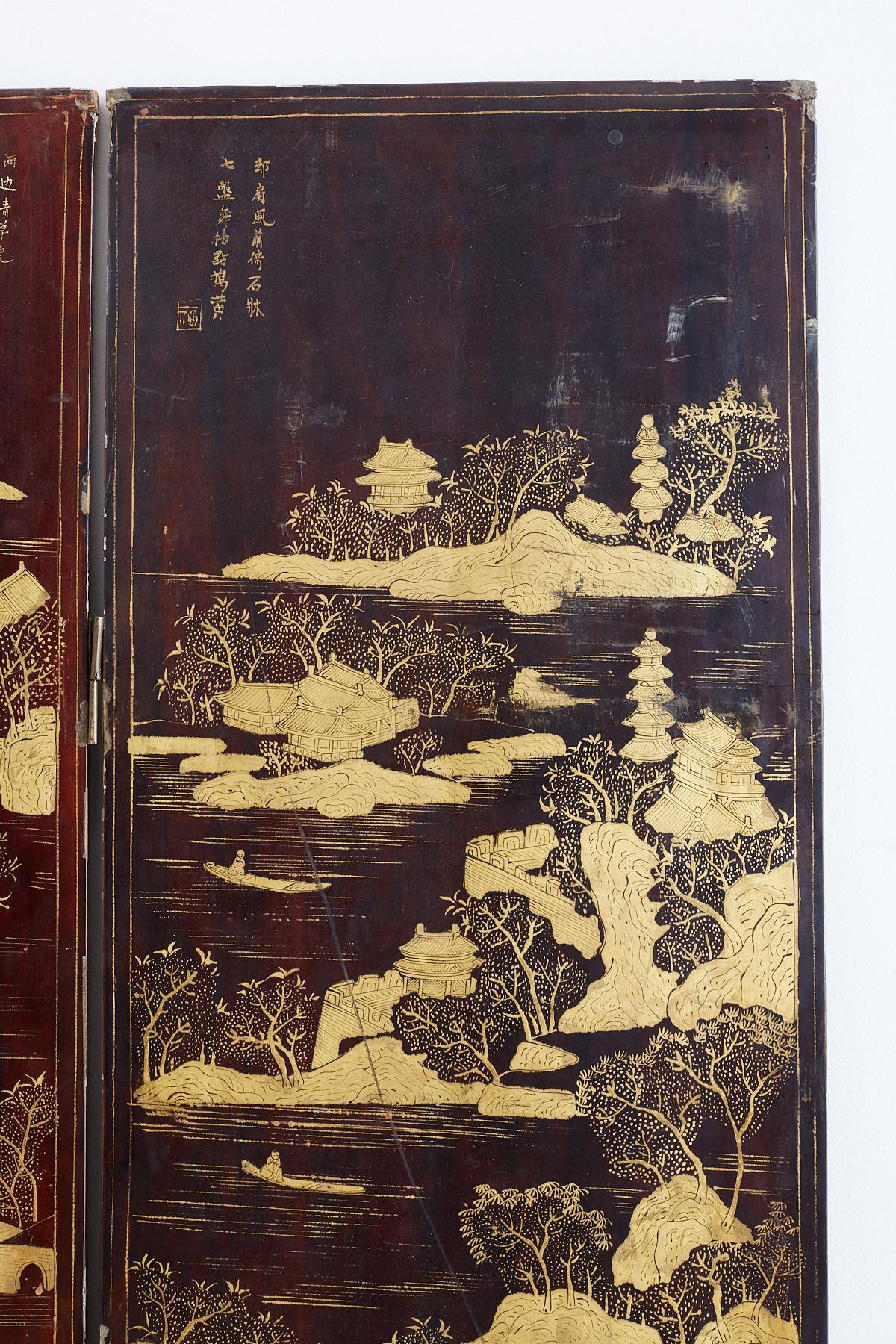 19th Century Chinese Qing Four-Panel Lacquer Gilt Screen 5