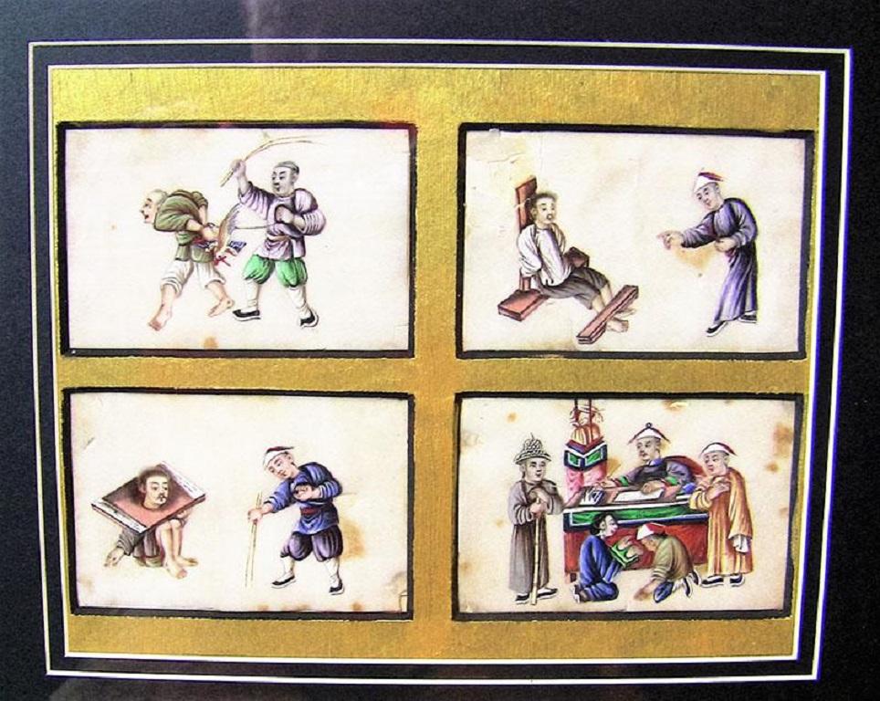 Extremely rare collage of four Chinese hand-painted silks of Chinese torture techniques, circa 1850.

Framed in new frame, each panel is matted in a gold matte.

19 century Chinese hand-painted silk collage of Chinese tortures.

The