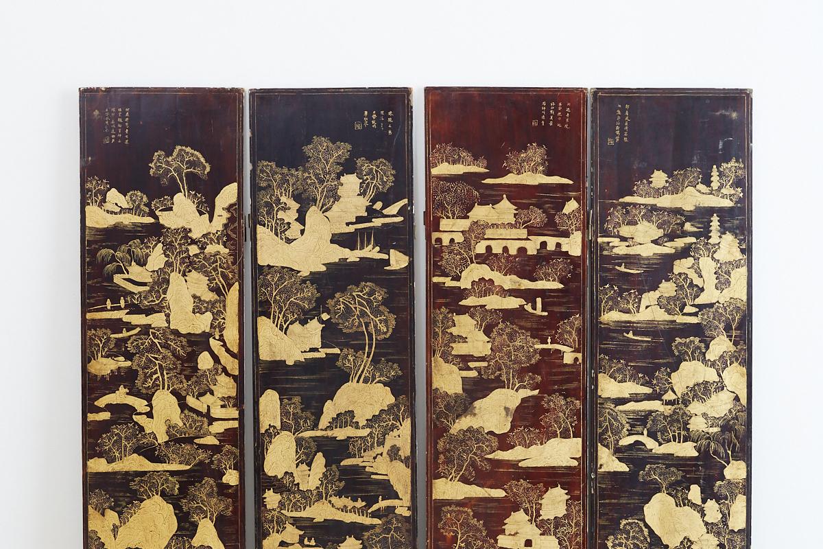 Japanese 19th Century Chinese Qing Four-Panel Lacquer Gilt Screen